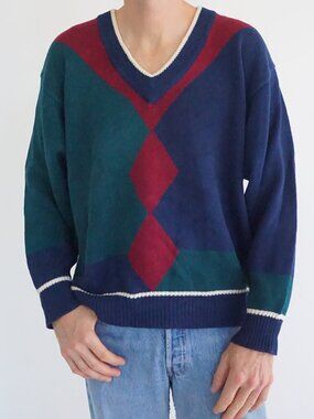 Vintage Par Four Navy Green Burgundy Diamond Colorblock V Neck Cricket Sweater M